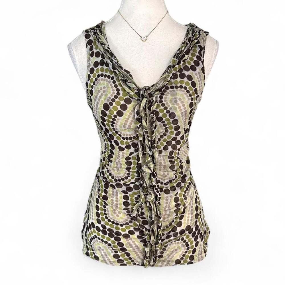 Y2K green and brown polka dot paisley print ruffle tie blouse size M nyc girl